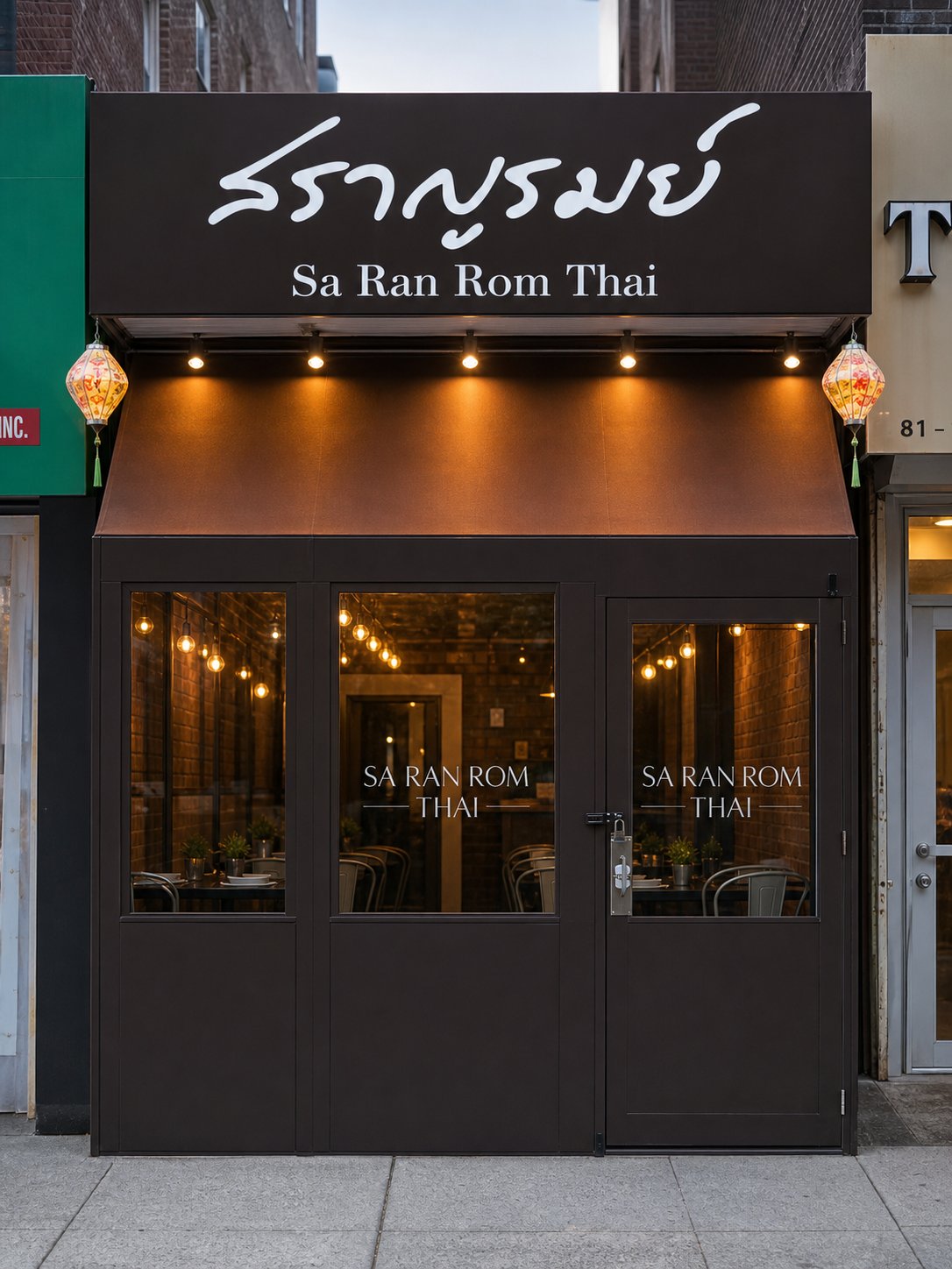 Saranrom Thai storefront entrance at 81-10 Broadway, Elmhurst, NY with signature lanterns and warm lighting