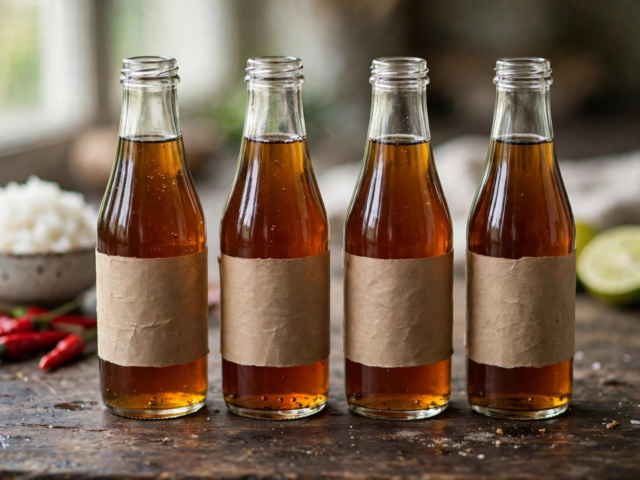 Glass bottles of Thai chili sauce with a basket of sticky rice and lime at a Bangkok rice-curry shop