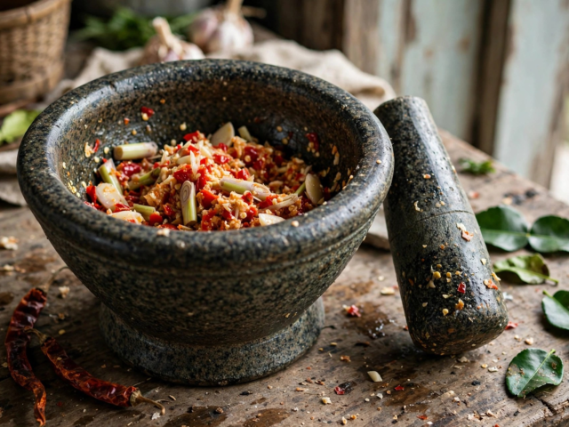 Thai chili relish being pounded in a granite mortar with lemongrass and red chilies