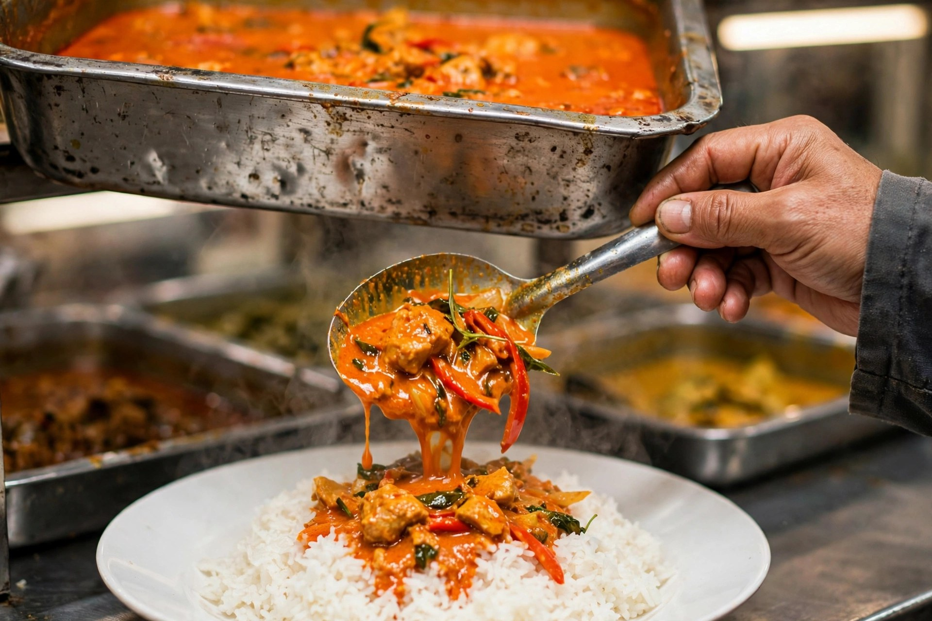 A hand ladling red curry from a stainless steel serving tray at a Bangkok rice-curry shop