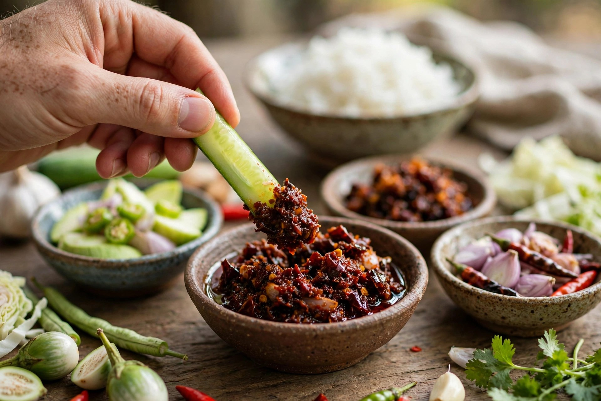 A hand dipping a cucumber stick into Thai chili relish, with sticky rice and fresh vegetables alongside