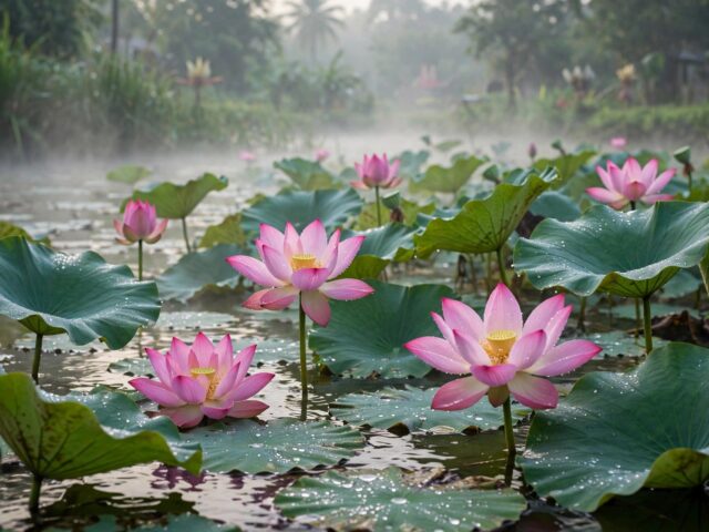 Pink lotus flowers and leaves on a pond