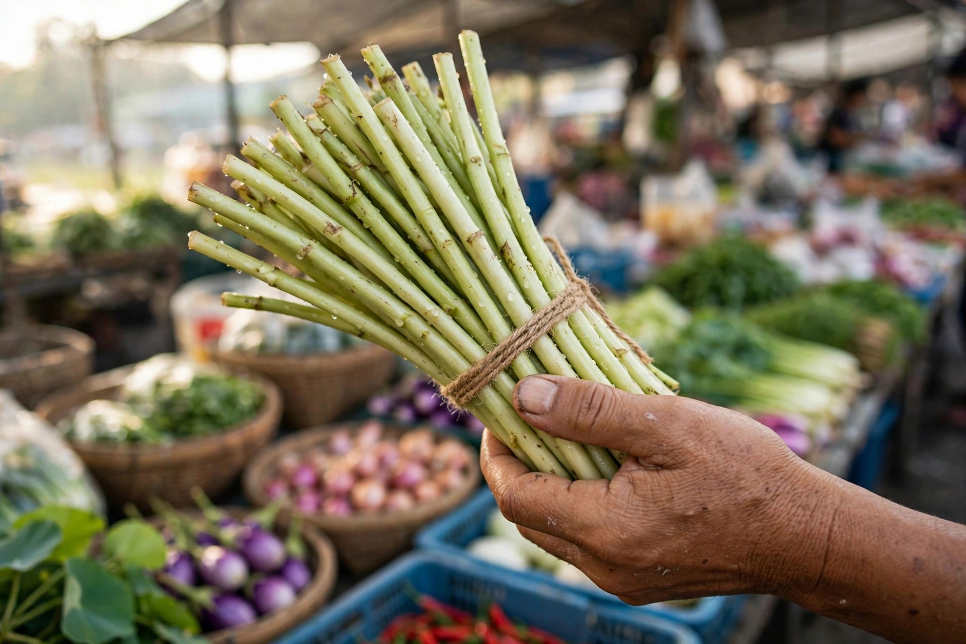 Fresh lotus stems (sai bua) bundled at a Thai market