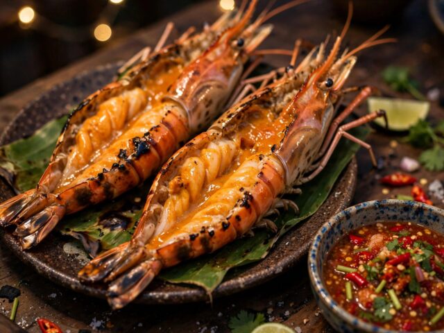 Grilled Ayutthaya river prawns with seafood dipping sauce