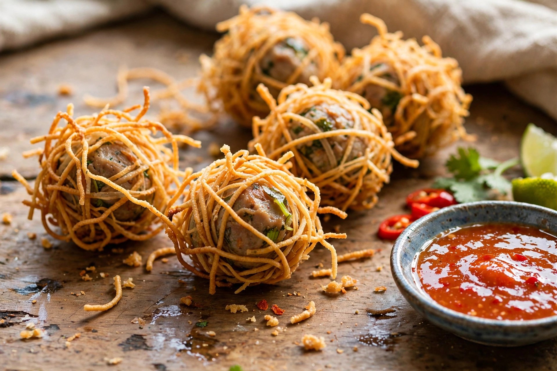 Mu sarong — crispy noodle-wrapped pork dumplings with sweet chili sauce